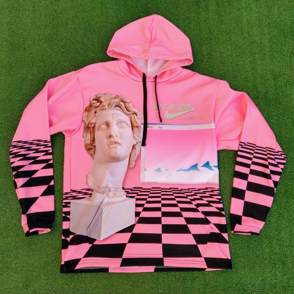 Vaporwave Checkered Roman Caesar Apple Computer Med Adult Pullover Hoody New - Picture 2 of 3